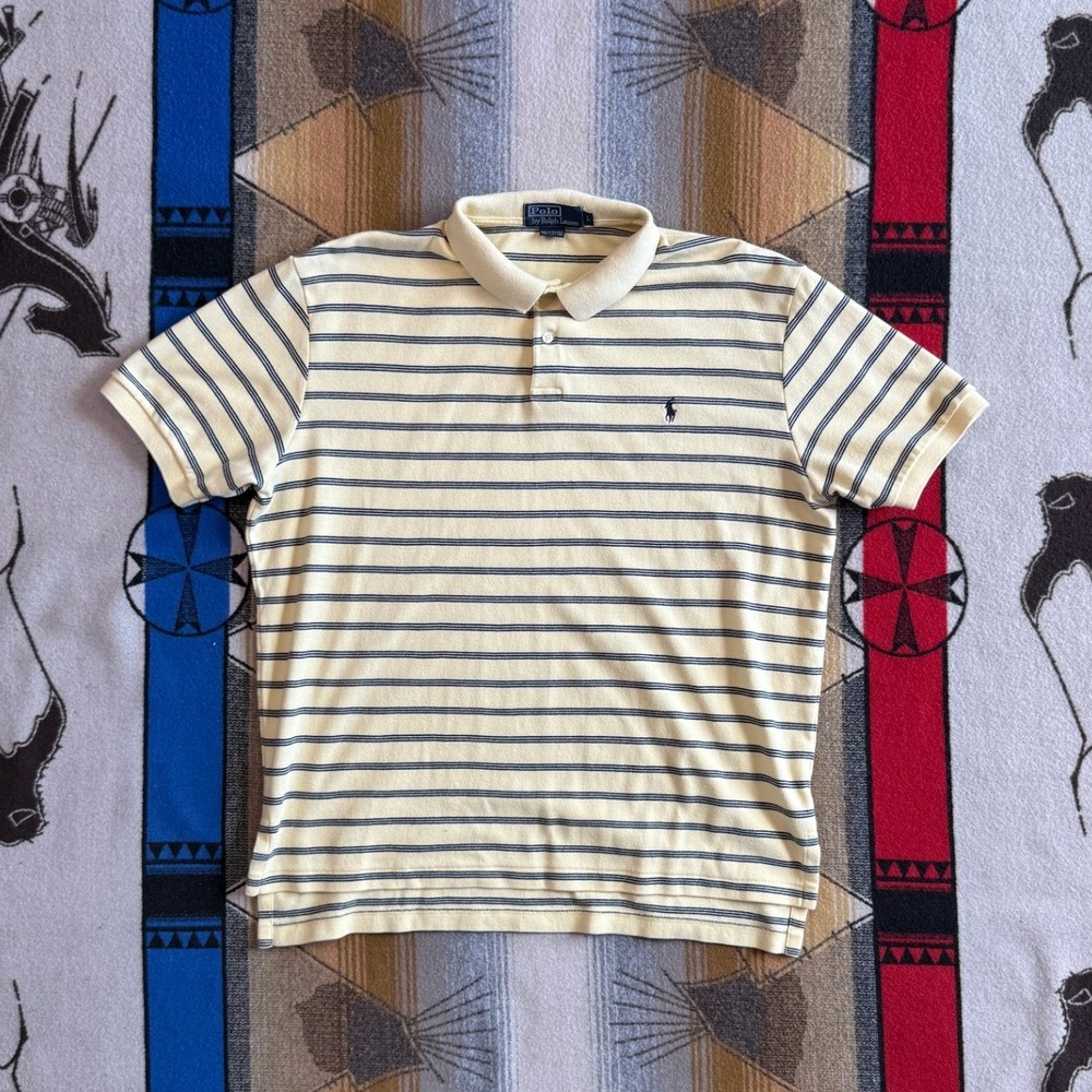 Polo Ralph Lauren Mens Large Yellow Navy Blue Striped Cotton Pique Polo Shirt